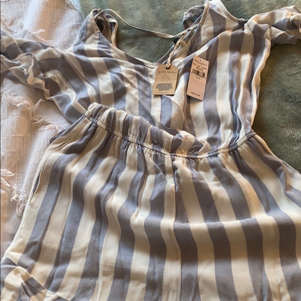 Blue and white off the shoulder romper